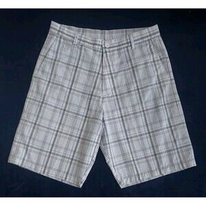Mens Burnside Tan Plaid Golf Bermuda Shorts 10" Inseam 4 Pocket + Cell Size 32
